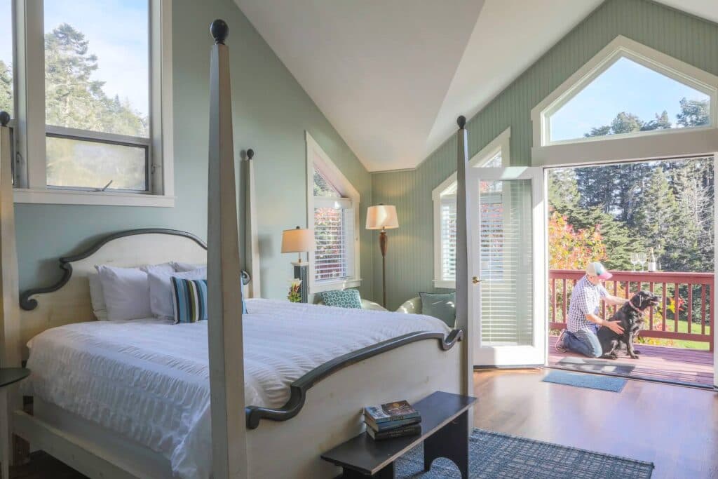 Bright, airy bedroom with a four-poster bed and a view of a person interacting with a dog on the deck.