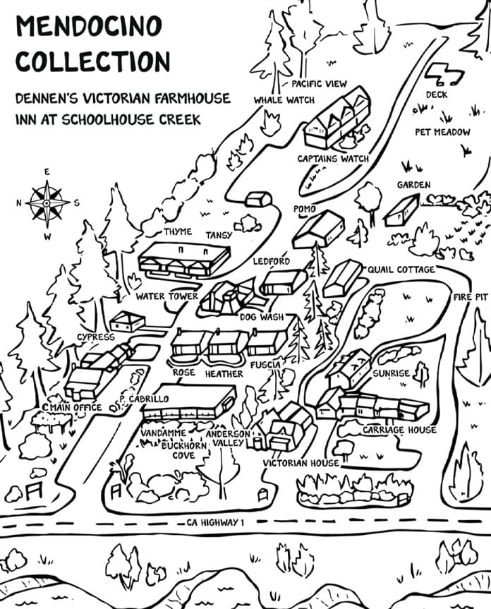 A black and white illustrated map of the Mendocino Collection, showing various accommodations and features at Dennen's Victorian Farmhouse Inn.