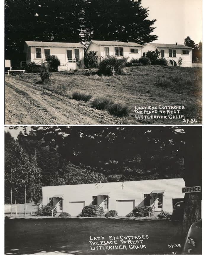 Historical images of Lazy Eye Cottages in Little River, California, showcasing different architectural styles.