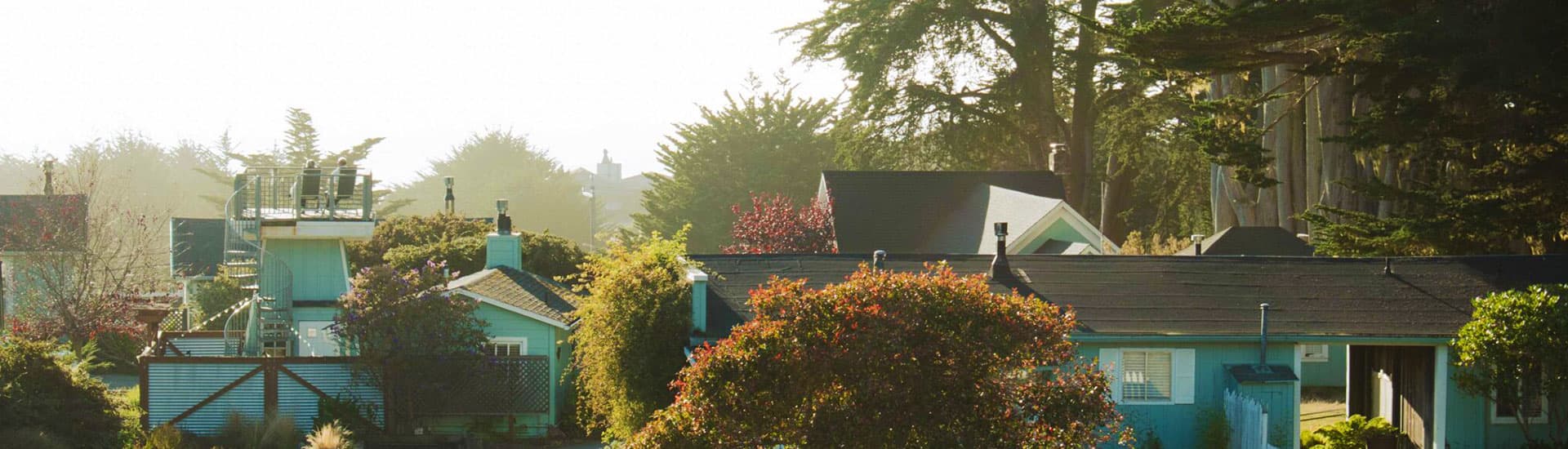 A serene view of colorful homes surrounded by lush greenery under a bright sky.