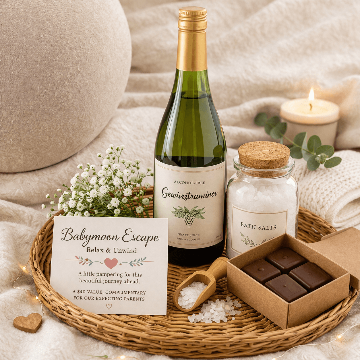 A cozy arrangement featuring alcohol-free wine, bath salts, chocolates, and a pampering card on a woven tray.